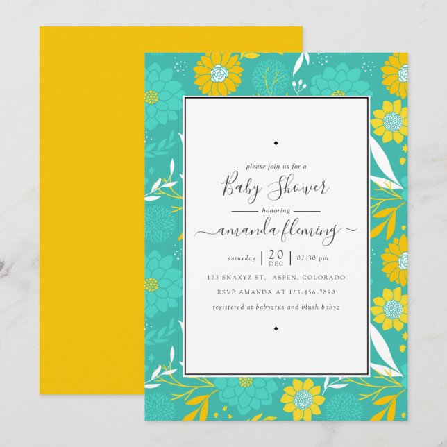 Convites Chá de Bebê Floral Amarelo e Azul Turquesa (Frente/Verso)