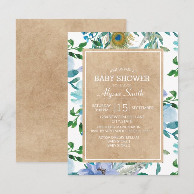 Convites Chá de Bebê Floral Azul Branco Rustic Marrom Kraft (Frente/Verso)