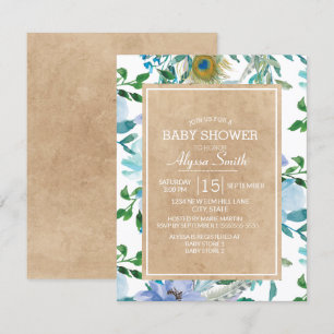 Convites Chá de Bebê Floral Azul Branco Rustic Marrom Kraft