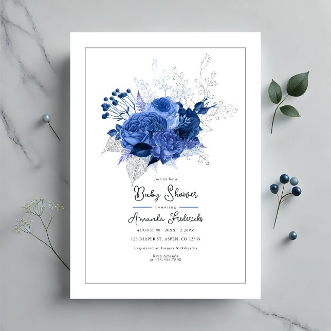 Convites Chá de Bebê Floral Azul Elegante (Elegant Blue Floral Baby Shower Invitation)