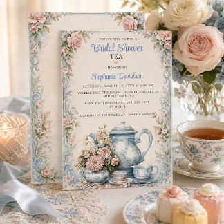 Convites Chá de Bebê Floral Azul Elegante e Bege |