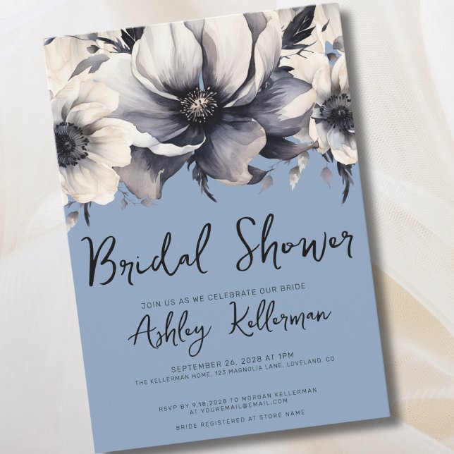 Convites Chá de Bebê Floral Azul Empoeirado (Chic Elegant Floral Periwinkle Blue Bridal Shower Invitation)