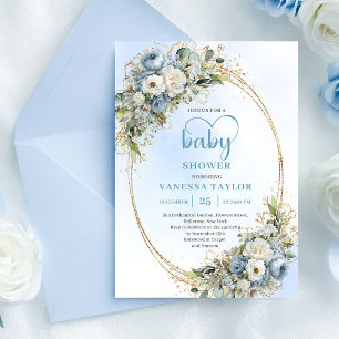 Convites Chá de Bebê Floral Azul Pastel Eucalipto Dourado