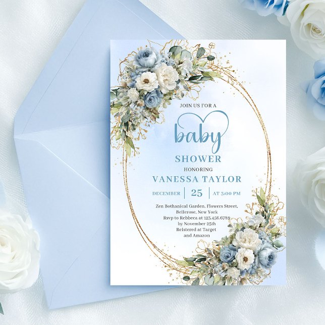 Convites Chá de Bebê Floral Azul Pastel Eucalipto Dourado   (Pastel Blue Eucalyptus Floral Gold Baby Shower Card

)