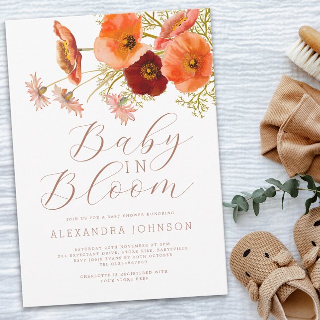 Convites Chá de Bebê Floral Baby in Bloom Outono (Boho fall floral baby shower invitation elegant script watercolor flowers orange brown terracotta )