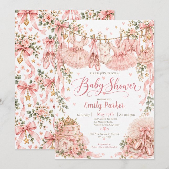 Convites Chá de Bebê Floral Bailarina Rosa (Frente/Verso)