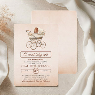 Convites Chá de Bebê Floral Bege Vintage Carrinho de Bebê