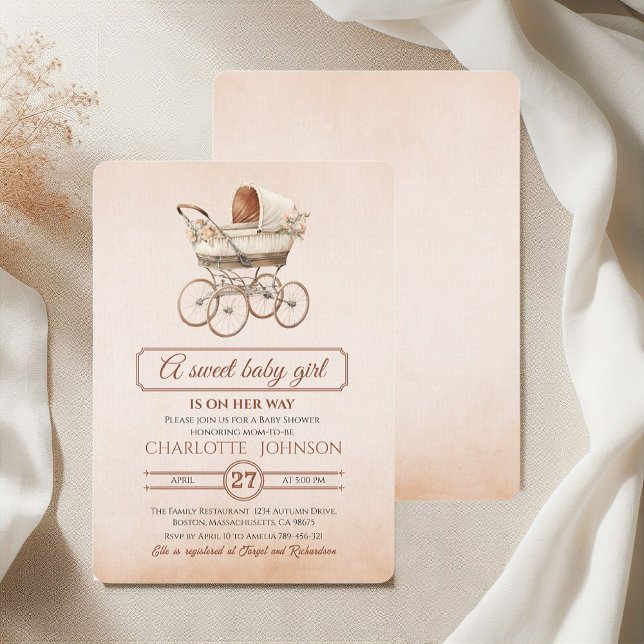Convites Chá de Bebê Floral Bege Vintage Carrinho de Bebê (Criador carregado)