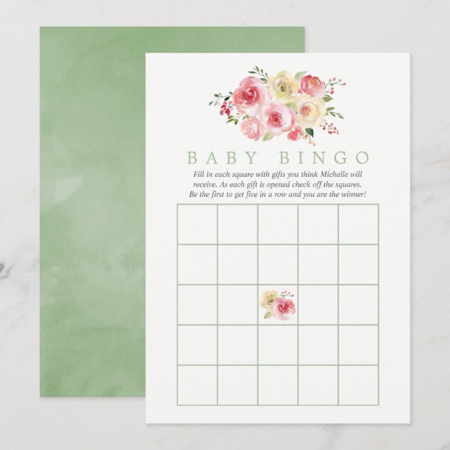 Convites Chá de Bebê Floral Blush e Sage Baby Bingo (Frente/Verso)
