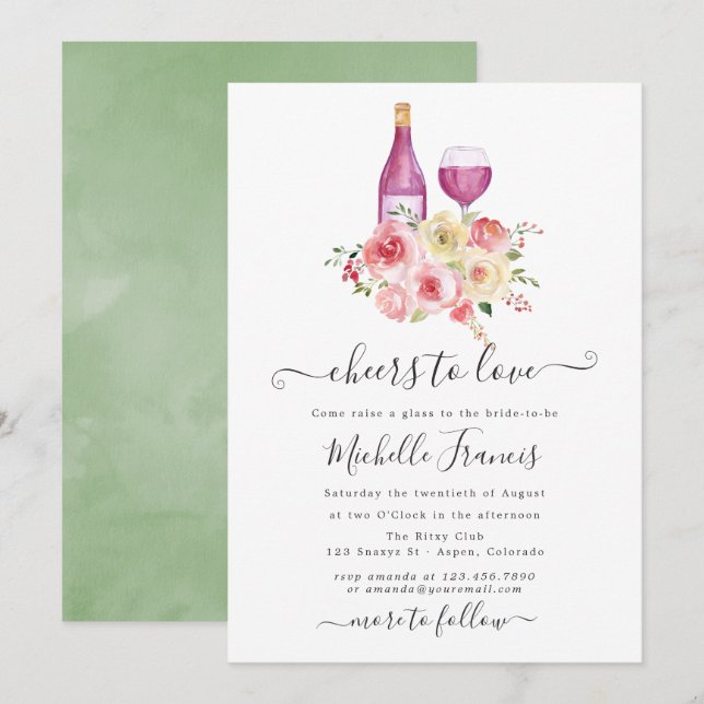 Convites Chá de Bebê Floral Blush & Sage Degustação de Vinh (Frente/Verso)