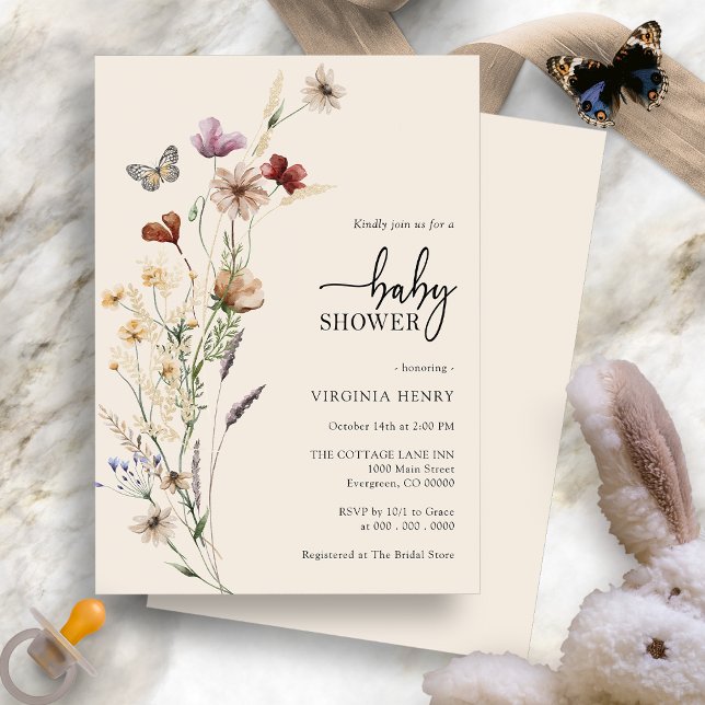 Convites Chá de Bebê Floral Boho (Floral Boho Baby Shower Invitation with Butterfly by Painted Paperie
)