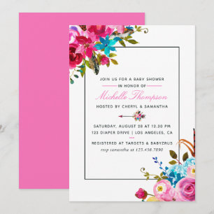 Convites Chá de Bebê Floral Boho Chic Aquarela Rosa