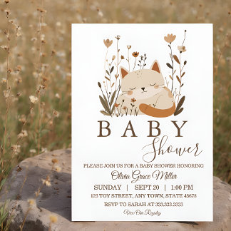 Convites Chá de Bebê Floral Boho com Gatinho Adormecido Fof