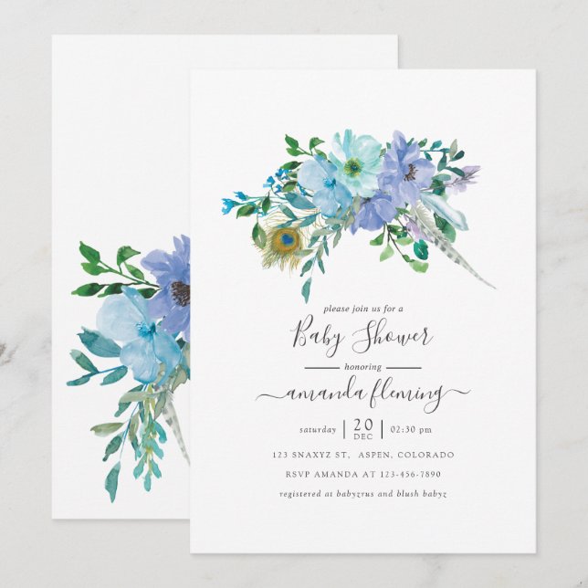 Convites Chá de Bebê Floral Boho em Aquarela Azul e Verde-M (Frente/Verso)
