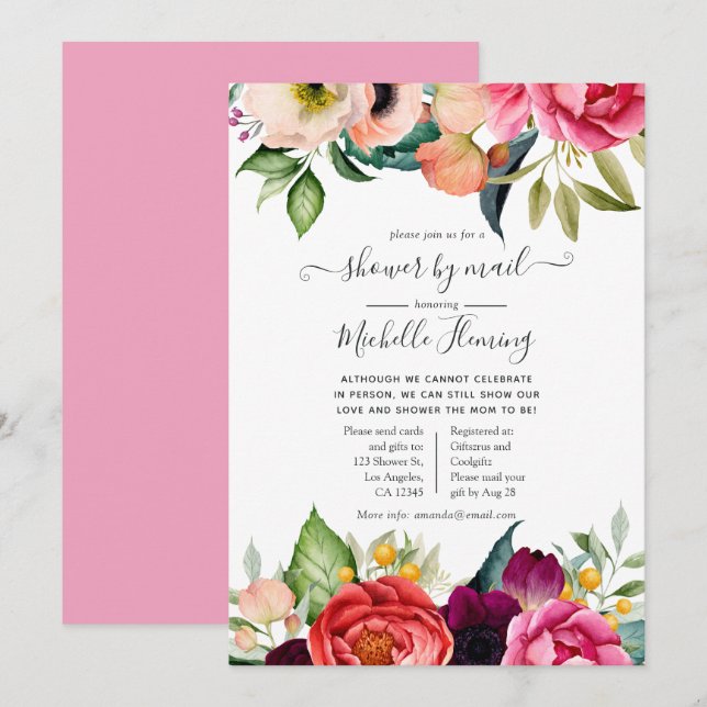 Convites Chá de Bebê Floral Boho em Aquarela pelo Correio (Frente/Verso)