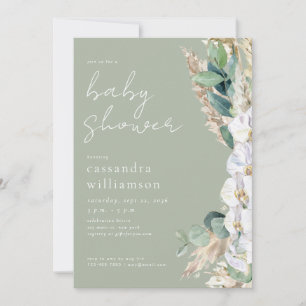 Convites Chá de Bebê Floral Boho Grama de Pampas Verde Salv