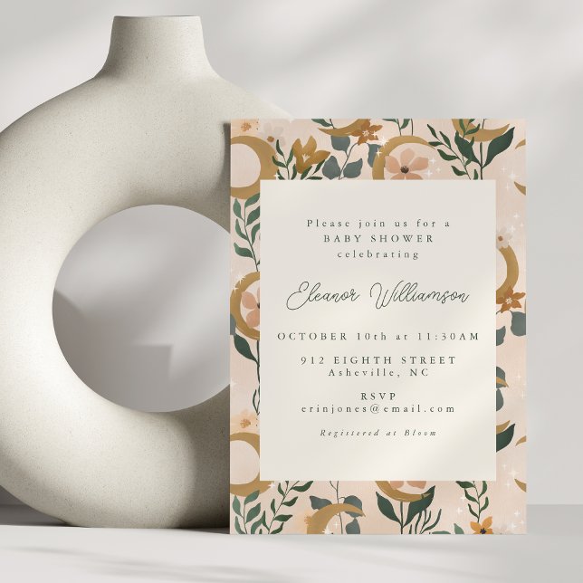 Convites Chá de Bebê Floral Boho Neutro Lua Celestial (Criador carregado)