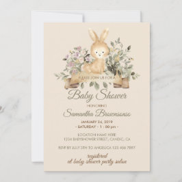 Convites Chá de Bebê Floral Botânico Coelho Bunny Creme