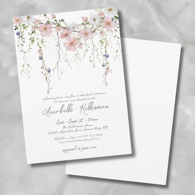 Convites Chá de Bebê Floral Botânico Elegante de Flores Sil (Elegant Botanical Wildflower Floral Bridal Shower Invitation)