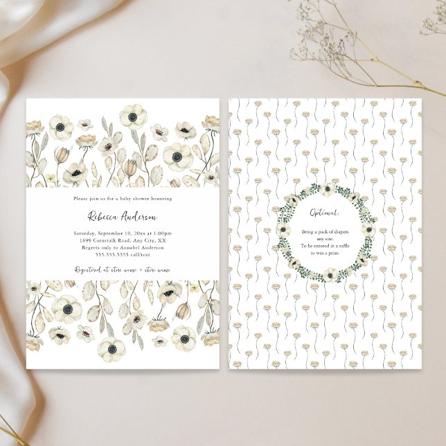 Convites Chá de bebê floral branco + rifa de fraldas (Criador carregado)