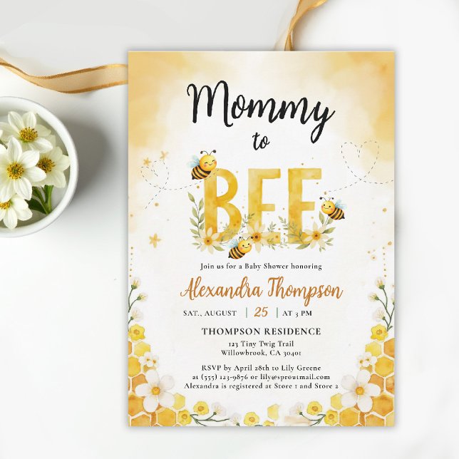 Convites Chá de Bebê Floral Caprichoso Mamãe Abelha (bee baby shower theme invitation spring summer mommy little honey watercolor whimsical floral)