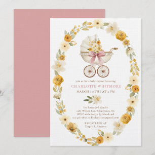Convites Chá de Bebê Floral Carruagem Design Rosa Bege