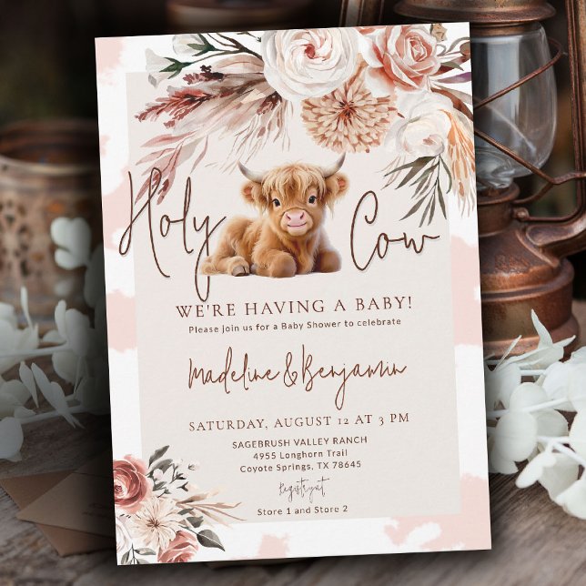 Convites Chá de Bebê Floral Caubói Country (cow baby shower theme cute highland calf pink hide watercolor floral rustic cowboy barn invitation)