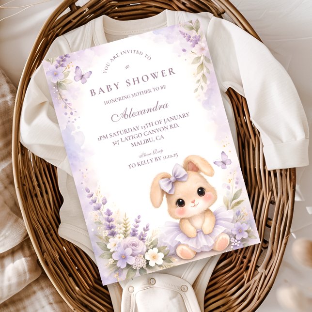 Convites Chá de Bebê Floral Coelho Lavanda (Criador carregado)