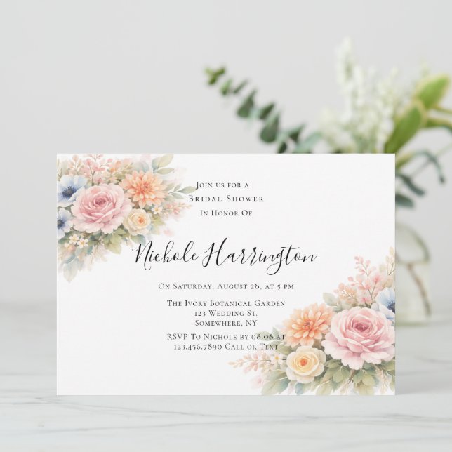 Convites Chá de Bebê Floral com Aquarela Suave (Em pé/Frente)