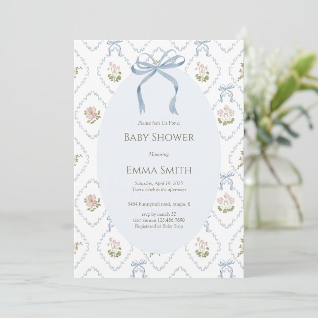 Convites Chá de Bebê Floral com Laço Azul (Em pé/Frente)