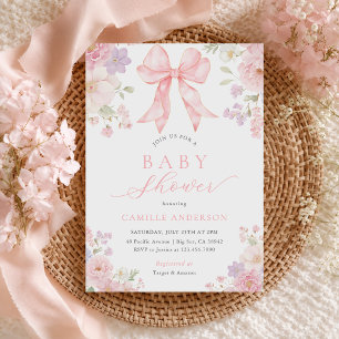 Convites Chá de Bebê Floral com Laço Rosa
