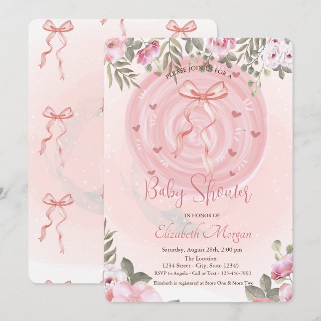 Convites Chá de Bebê Floral com Laço Rosa (Frente/Verso)