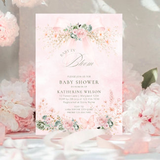 Convites Chá de Bebê Floral com Laço Rosa Baby In Bloom