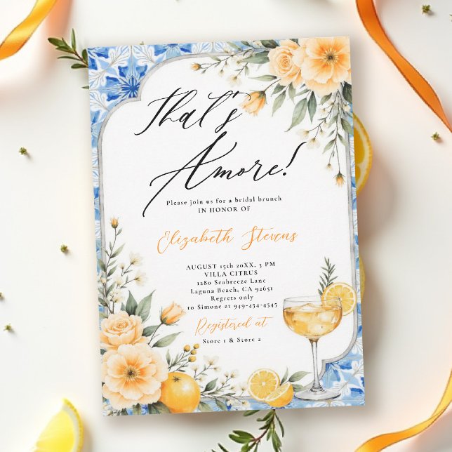 Convites Chá de Bebê Floral com Tema Italiano That's Amore (thats amore italian themed bridal shower invitation lemon and blue watercolor floral cocktail brunch)