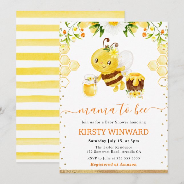 Convites Chá de Bebê Floral de Aquarela Abelha (Frente/Verso)