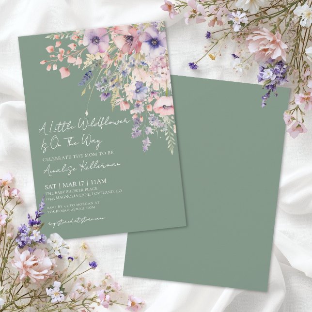 Convites Chá de Bebê Floral de Flores Silvestres Verde Salv (Sage Green Wildflower Floral Baby Shower Invitation)