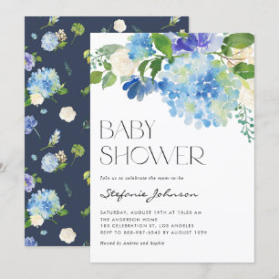 Convites Chá de Bebê Floral de Hortênsia Azul em Aquarela