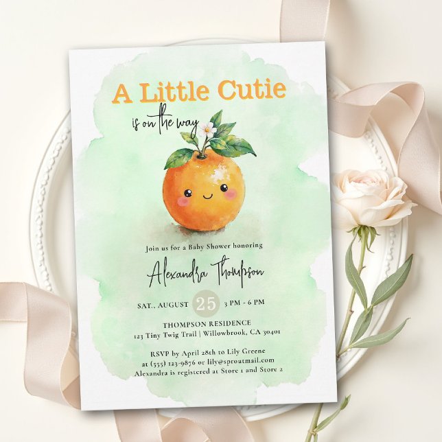 Convites Chá de Bebê Floral de Laranja Menta Little Cutie (little cutie orange theme baby shower invitation citrus watercolor floral scallops modern mint)