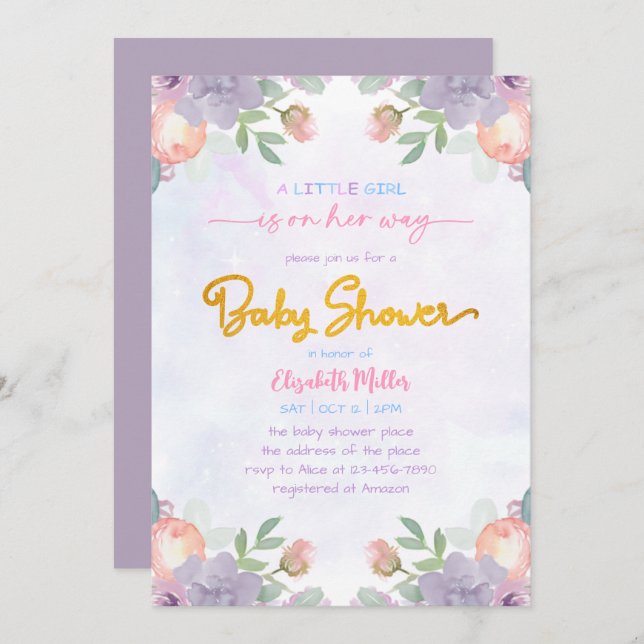 Convites Chá De Bebê Floral De Molho Puro De Aquarela (Frente/Verso)