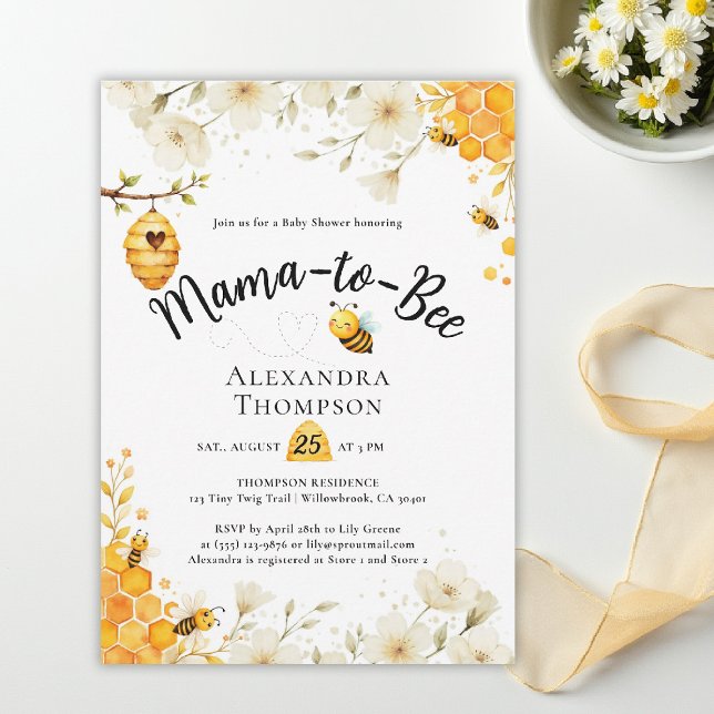 Convites Chá de Bebê Floral de Verão com Abelhas em Aquarel (mom to bee baby shower theme invitation spring summer wildflowers little honey watercolor elegant)