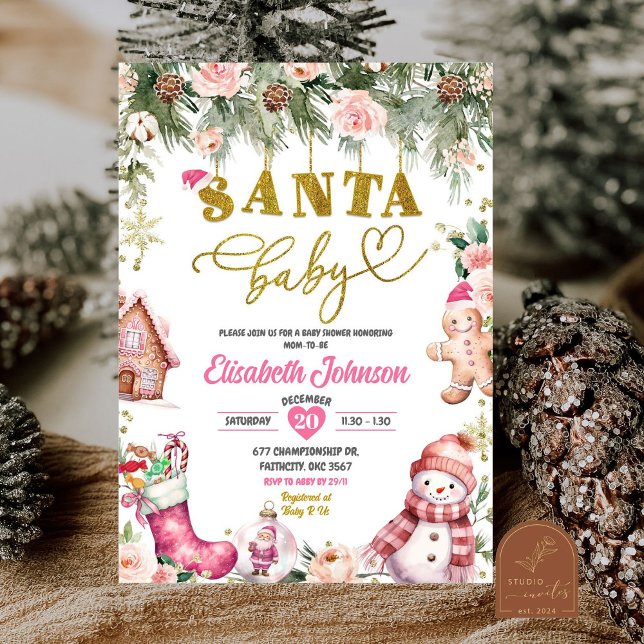 Convites Chá de Bebê Floral do Papai Noel Rosa Natal (Criador carregado)