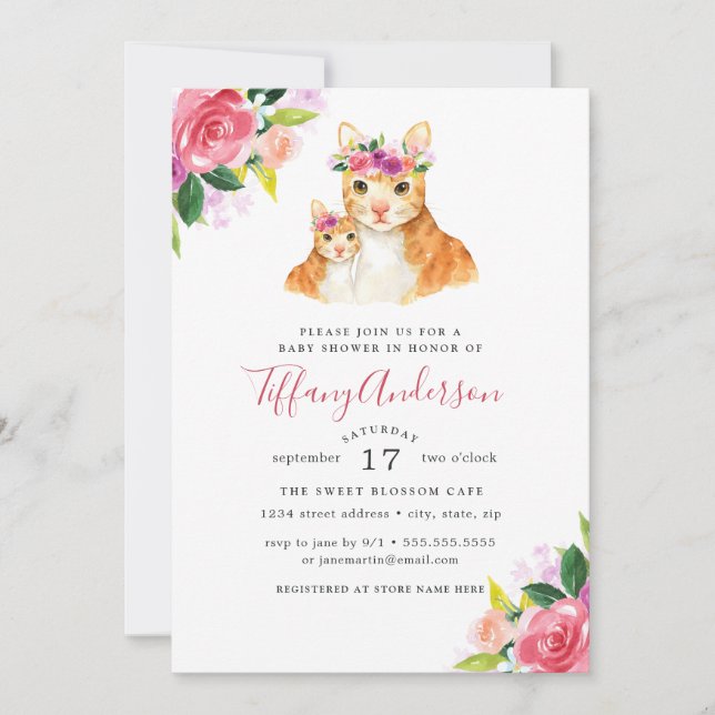Convites Chá de Bebê Floral Doce Mamãe e Gatinho Bebê (Frente)