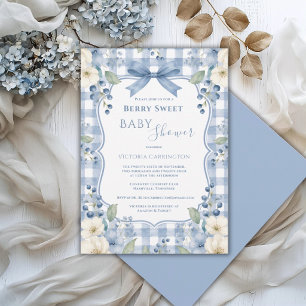 Convites Chá de Bebê Floral Doce Mirtilo Xadrez Branco Azul