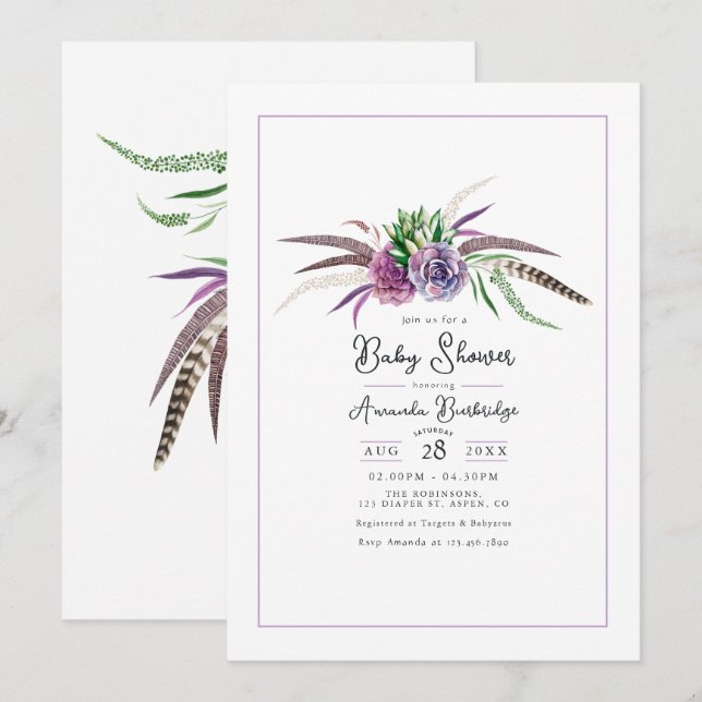 Convites Chá de Bebê Floral e Penas Boho (Frente/Verso)