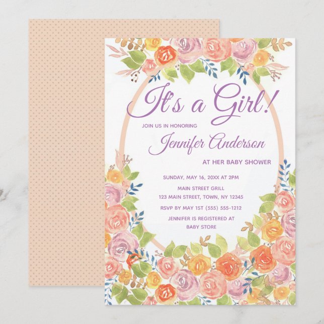 Convites Chá de Bebê Floral É uma Menina (Frente/Verso)