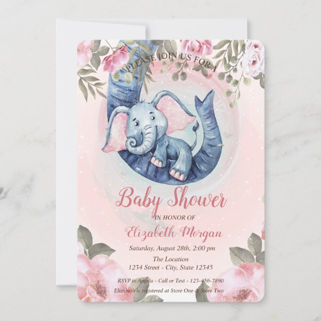 Convites Chá de Bebê Floral Elefantinho Adorável (Frente)
