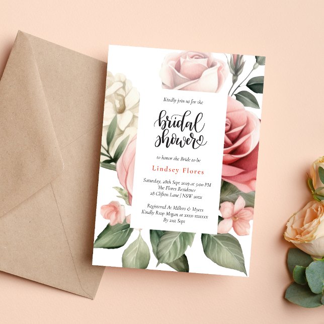 Convites Chá de Bebê Floral Elegante com Rosas e Folhagens (Elegant floral rose greenery invitation creates a fresh, romantic bridal shower tone)