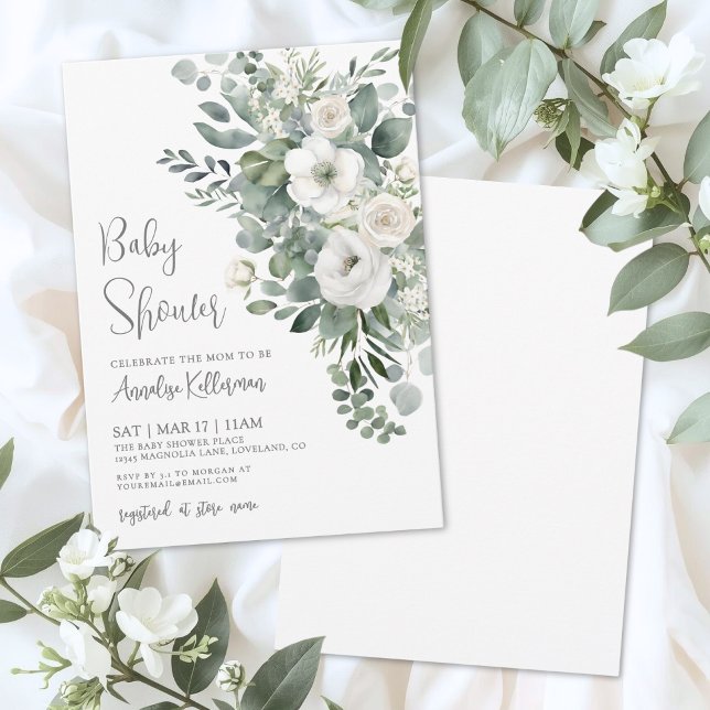 Convites Chá de Bebê Floral Elegante de Eucalipto (Eucalyptus Elegant Floral Baby Shower Invitation)