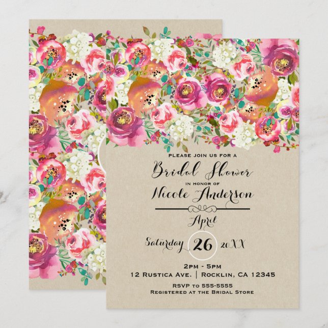 Convites Chá de Bebê Floral Elegante & Kraft Shabby Chic (Frente/Verso)