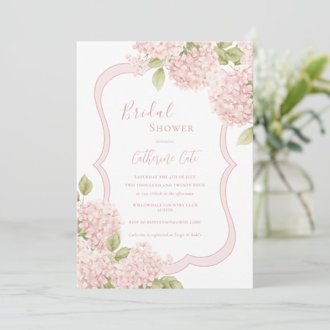 Convites Chá de Bebê Floral Elegante Rosa Hydrangea (Em pé/Frente)